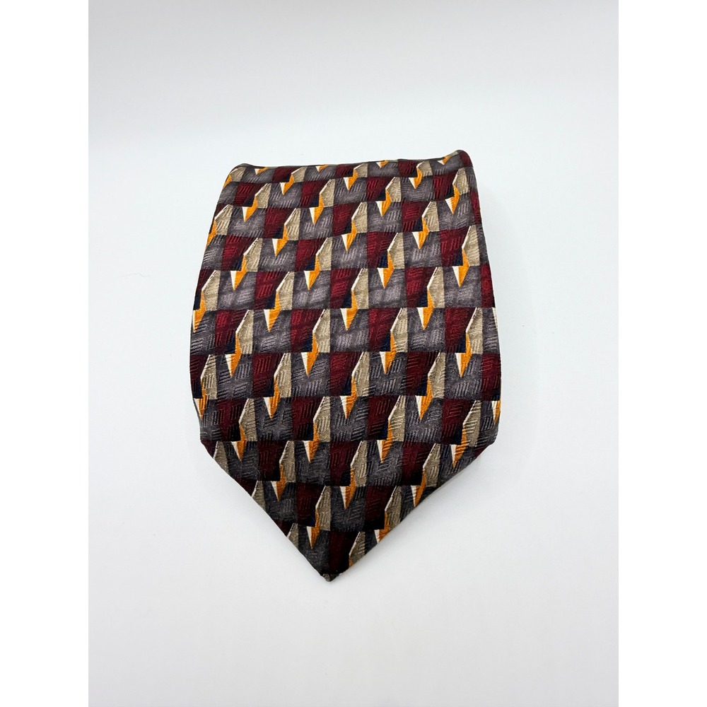Oscar de la Renta Mens Silk Tie Burgundy Grey Geometric Abstract Necktie